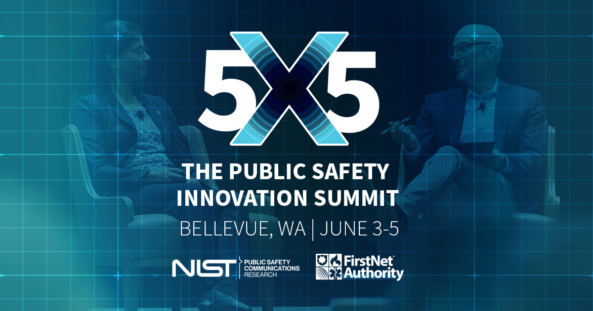 Social tile with the information "5x5: The Public Safety Innovation Summit, Bellevue, WA, June 3-5"