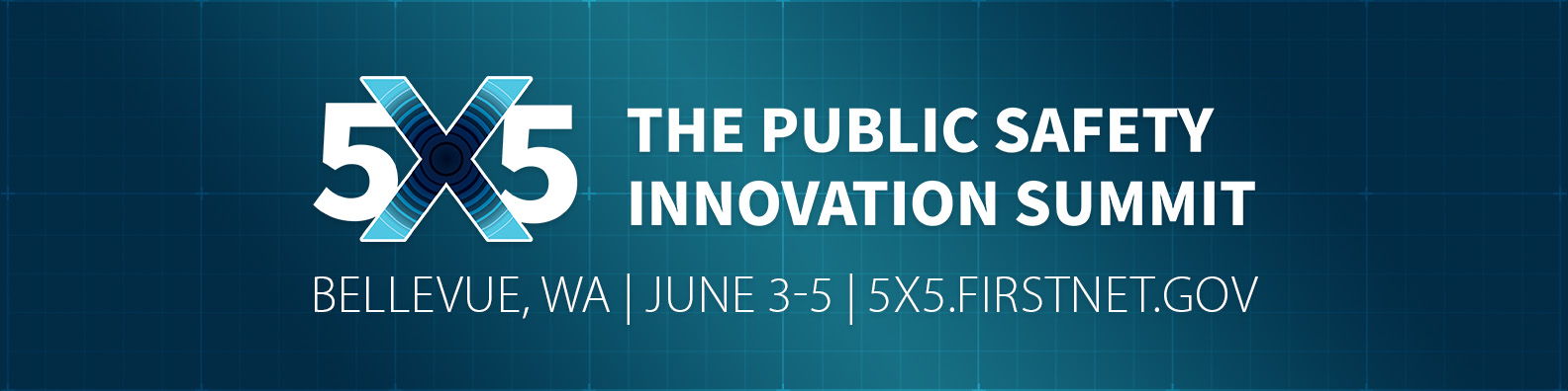 Social tile with the information "5x5: The Public Safety Innovation Summit, Bellevue, WA, June 3-5"