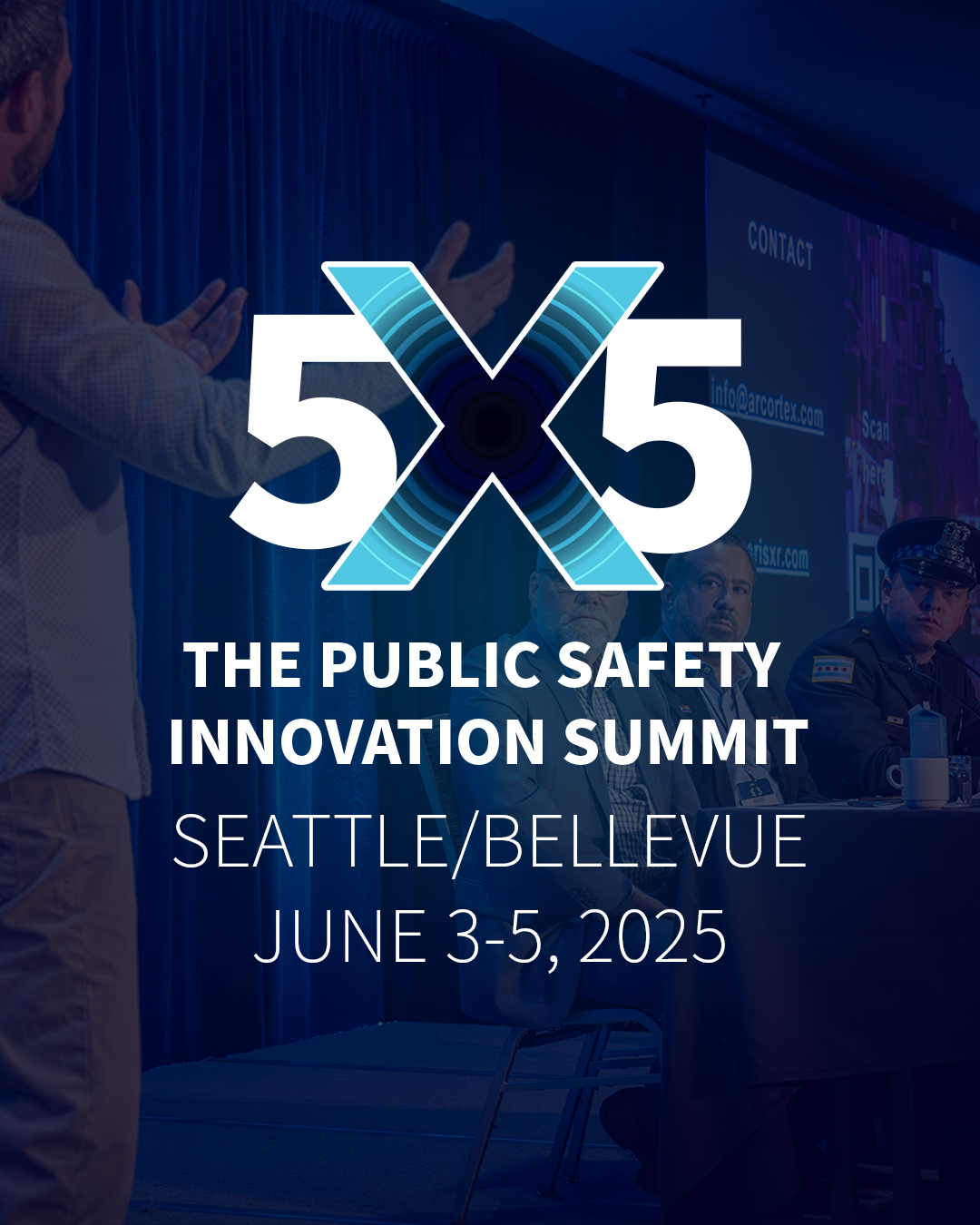 Social tile with the information "5x5: The Public Safety Innovation Summit, Bellevue, WA, June 3-5"